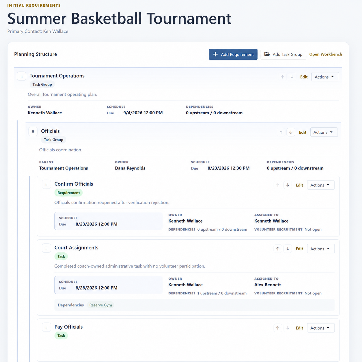Sports Intelligence event operations view showing a tournament work plan.