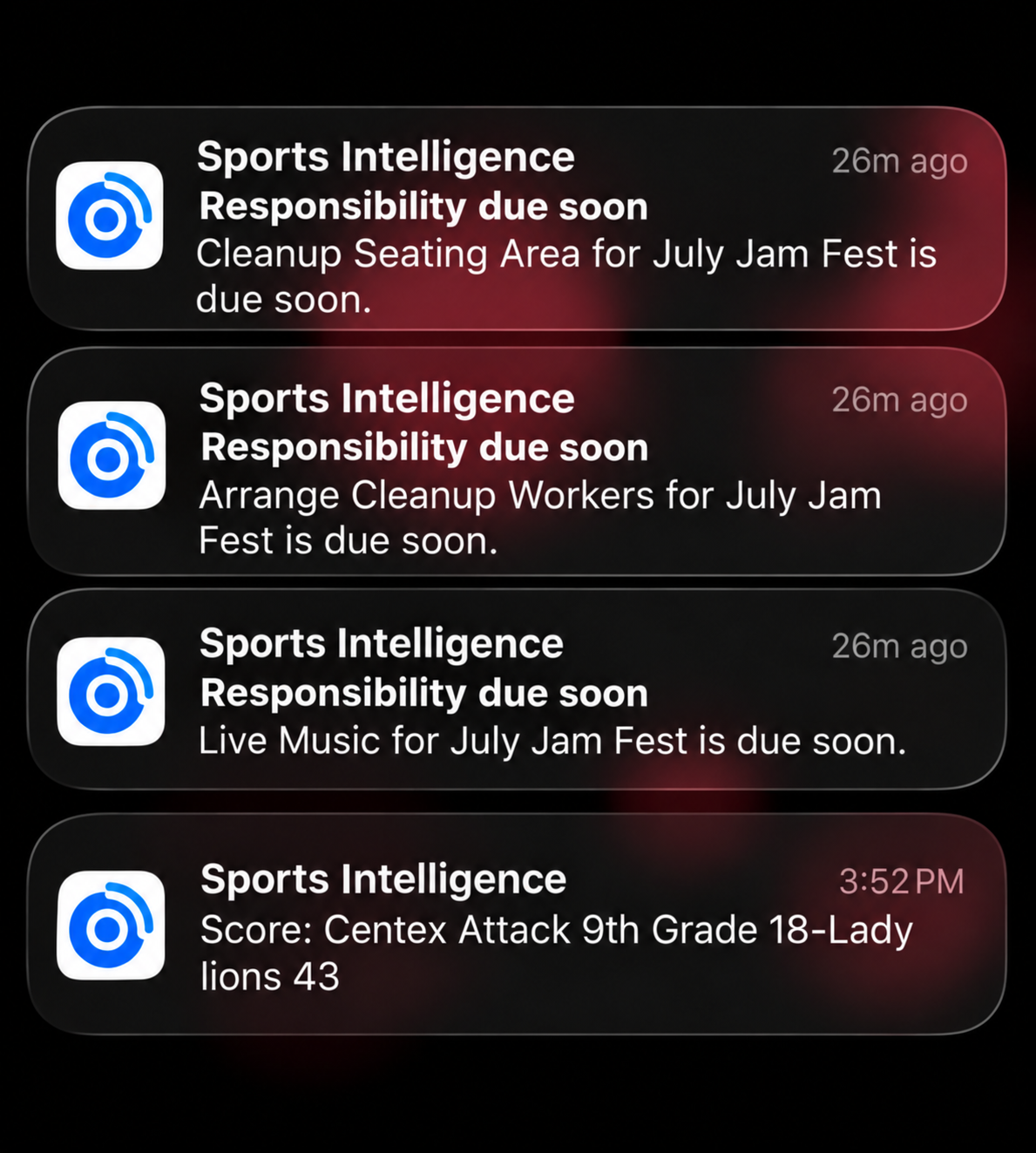 Edited Sports Intelligence showcase using real Event Operations responsibility notifications and a Tournament Watcher score update.