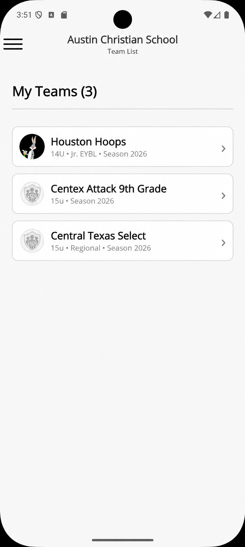 Sports Intelligence mobile view showing a list of teams.